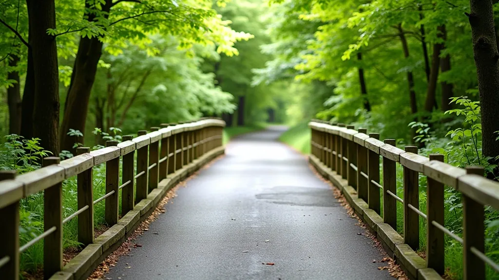 Accessible forest path with smooth surface and wooden railings, designed for easy navigation through woodland