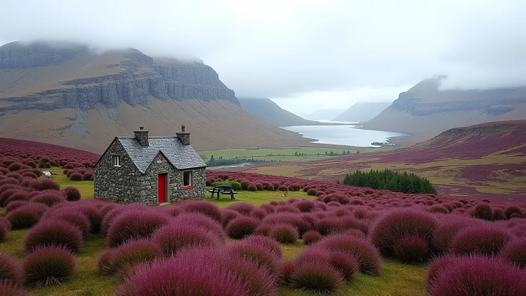 Connemara landscape with dramatic mountains, purple heather, and traditional stone cottage in remote valley