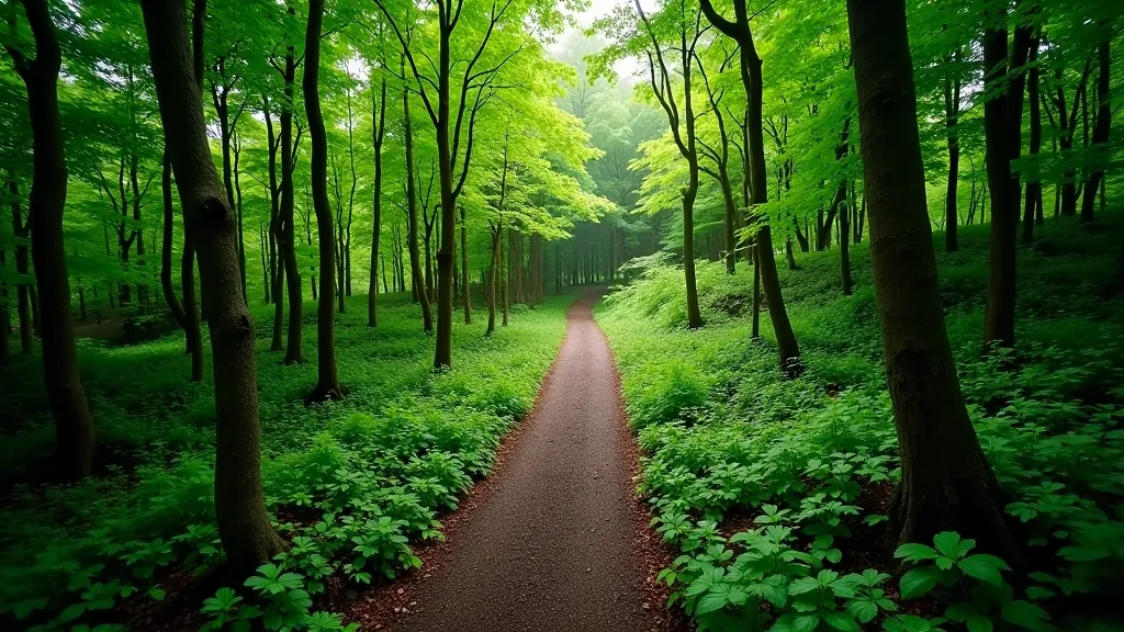 Aerial view of forest trail winding through dense green woodland with clearings and water feature visible, perfect walking route layout