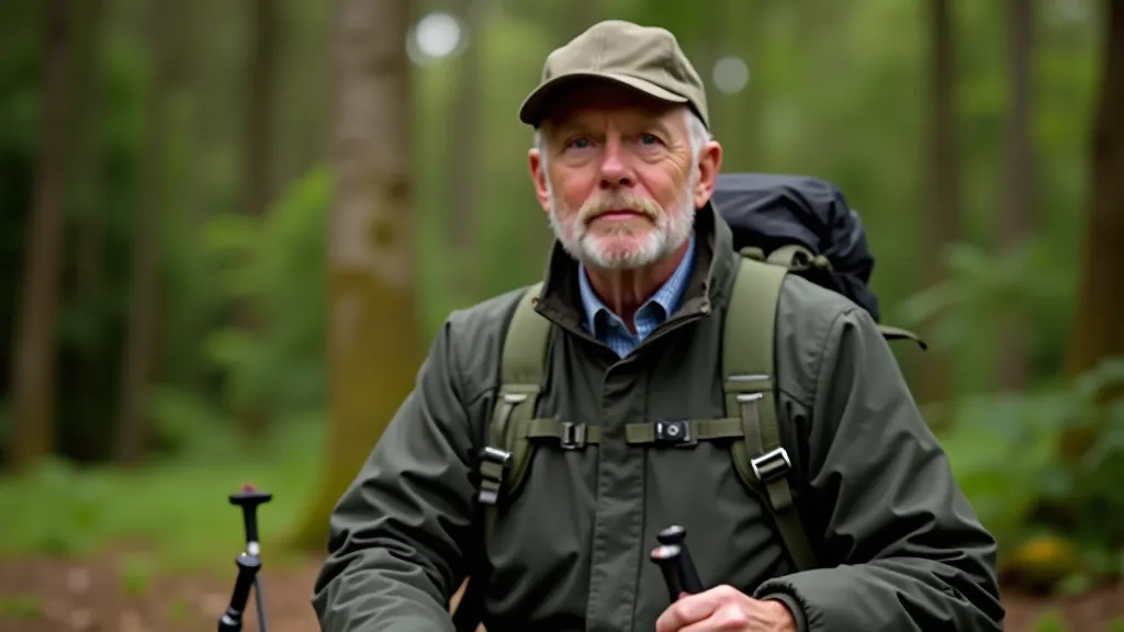 Hiker with walking poles resting on wooden bench overlooking forest valley, practical outdoor gear setup