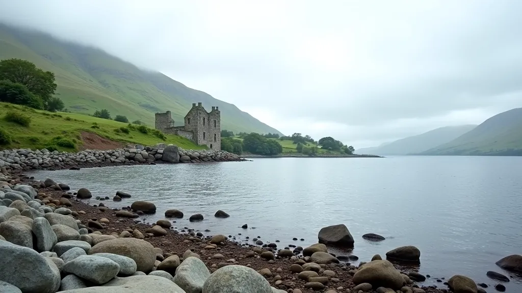 Scenic lake view with rocky shoreline, ancient castle ruins visible on distant peninsula, lush green landscape under cloudy Irish sky