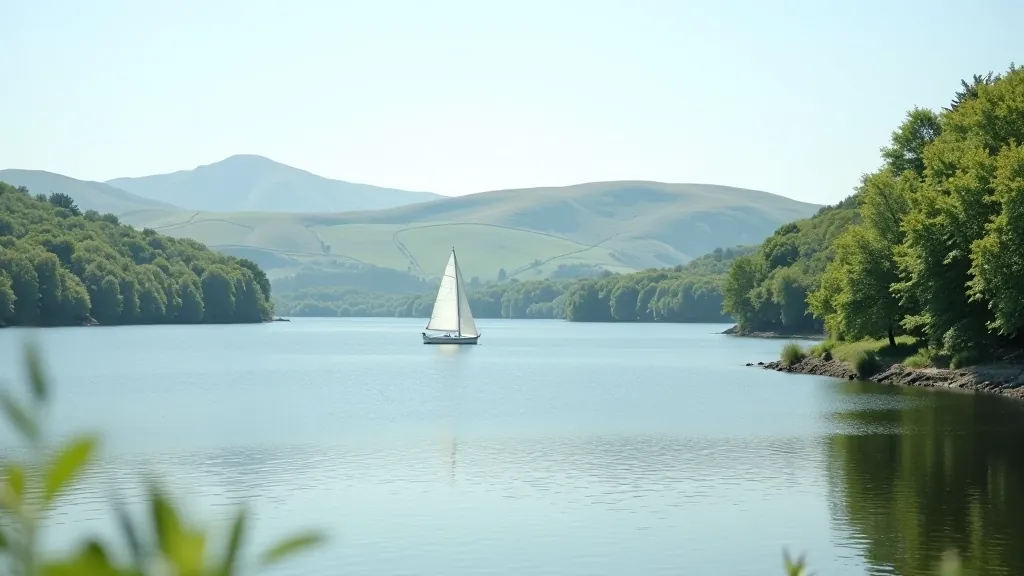Wide calm lake surrounded by green hills with small boats on the water and trees along the shoreline in Ireland