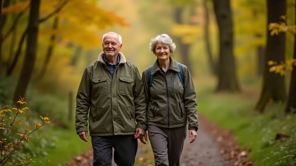 Retirees enjoying a peaceful walk on a forest trail surrounded by green woodland