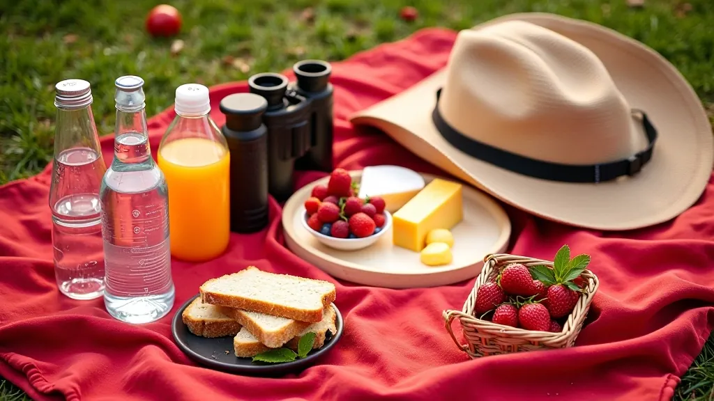Overhead view of picnic setup with fresh fruit, cheese, bread, water bottles, sunscreen, and hat arranged on blanket