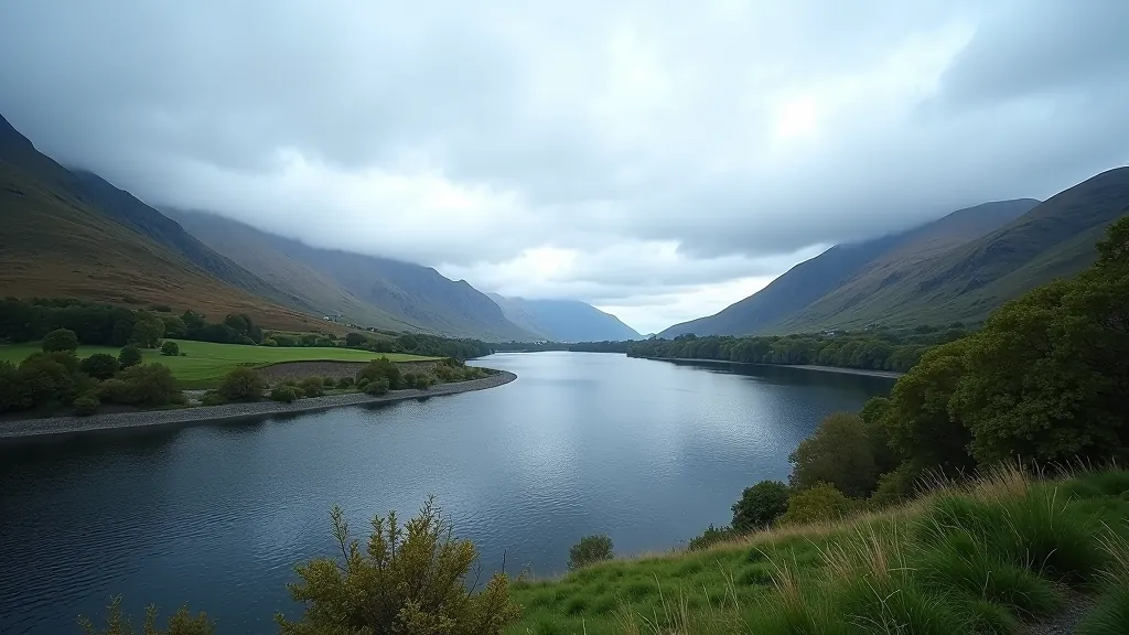 Panoramic view of Shannon river valley with distant mountains and clouds reflecting in calm water surface