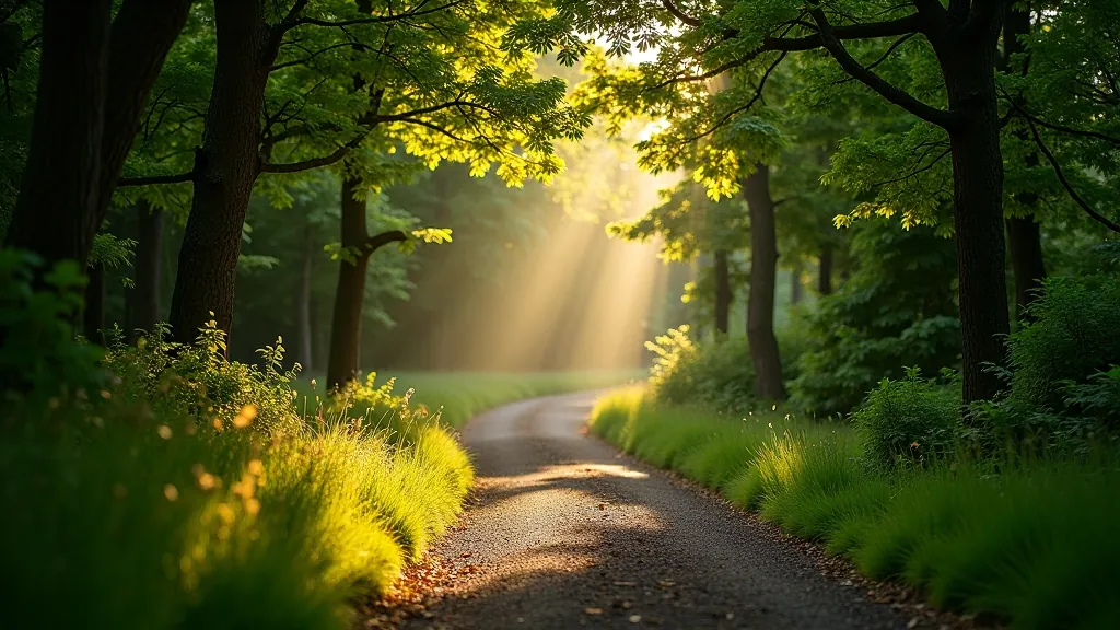 Peaceful forest pathway with golden light filtering through trees