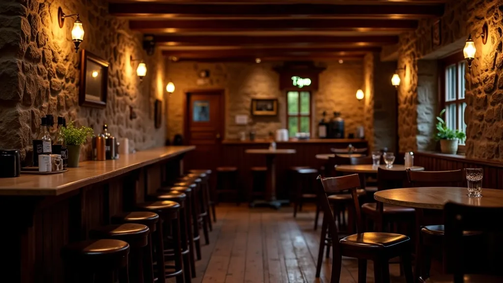 Rustic Irish pub interior with stone walls, wooden bar counter, and warm amber lighting from traditional fixtures, cozy evening atmosphere