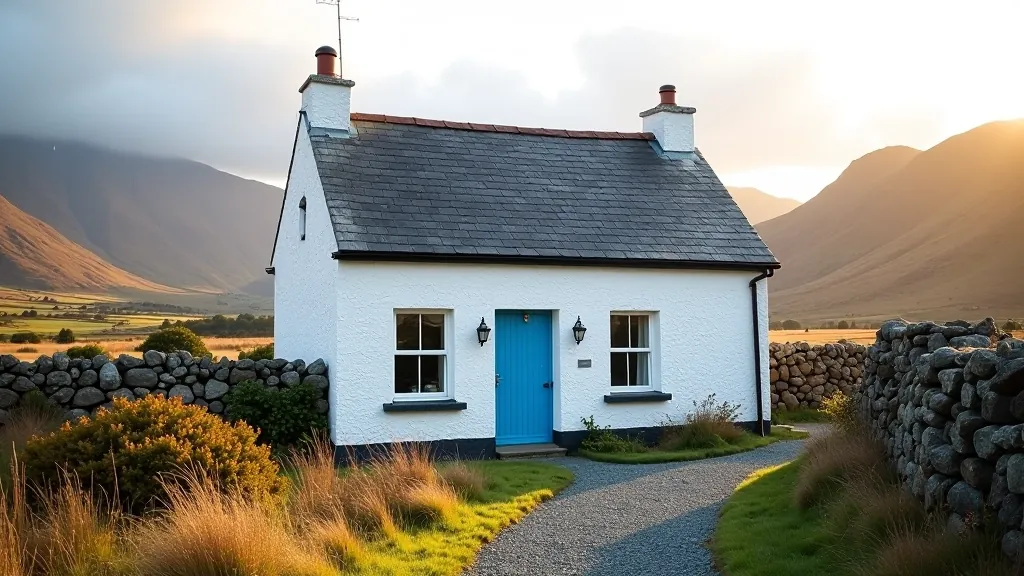 Cozy stone cottage with white-washed walls and blue door overlooking Connemara valley, traditional Irish rural architecture