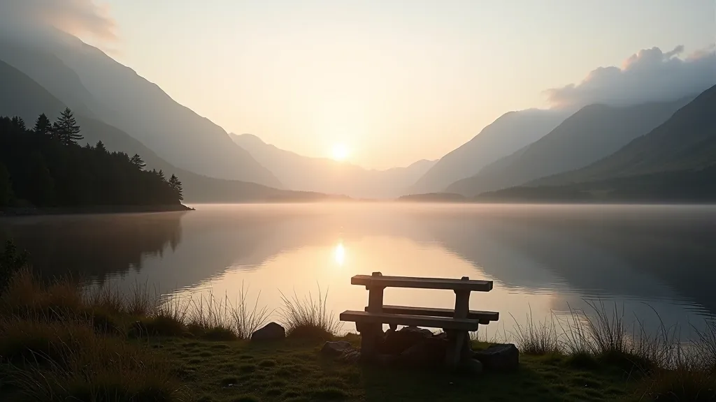 Serene lakeside view with green mountains reflected in calm water at sunrise