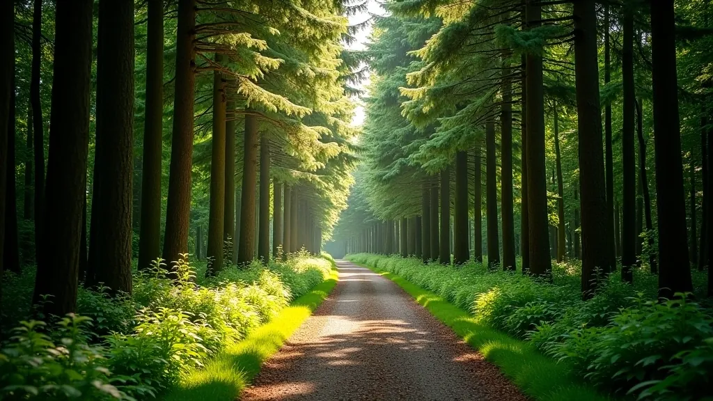 Ancient forest path lined with tall trees creating natural green tunnel through Coillte woodland